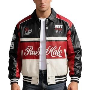 Men Faux Leather Racing Jacket Biker Motorcycle Motocross Jacket